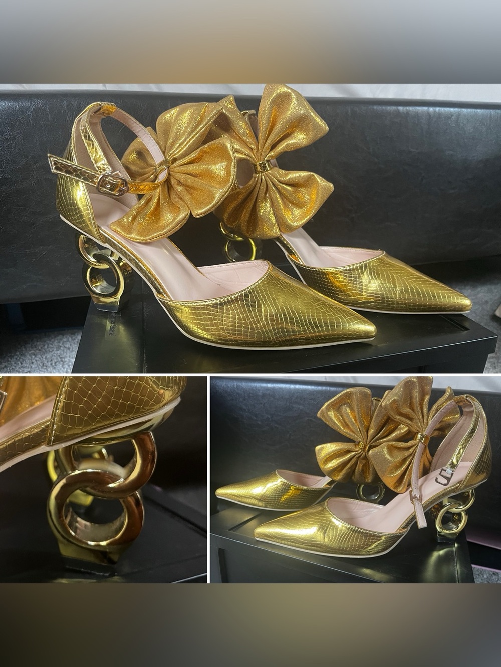 Gold Metallic Bow Accent Pointed-Toe Heels-39 or 8